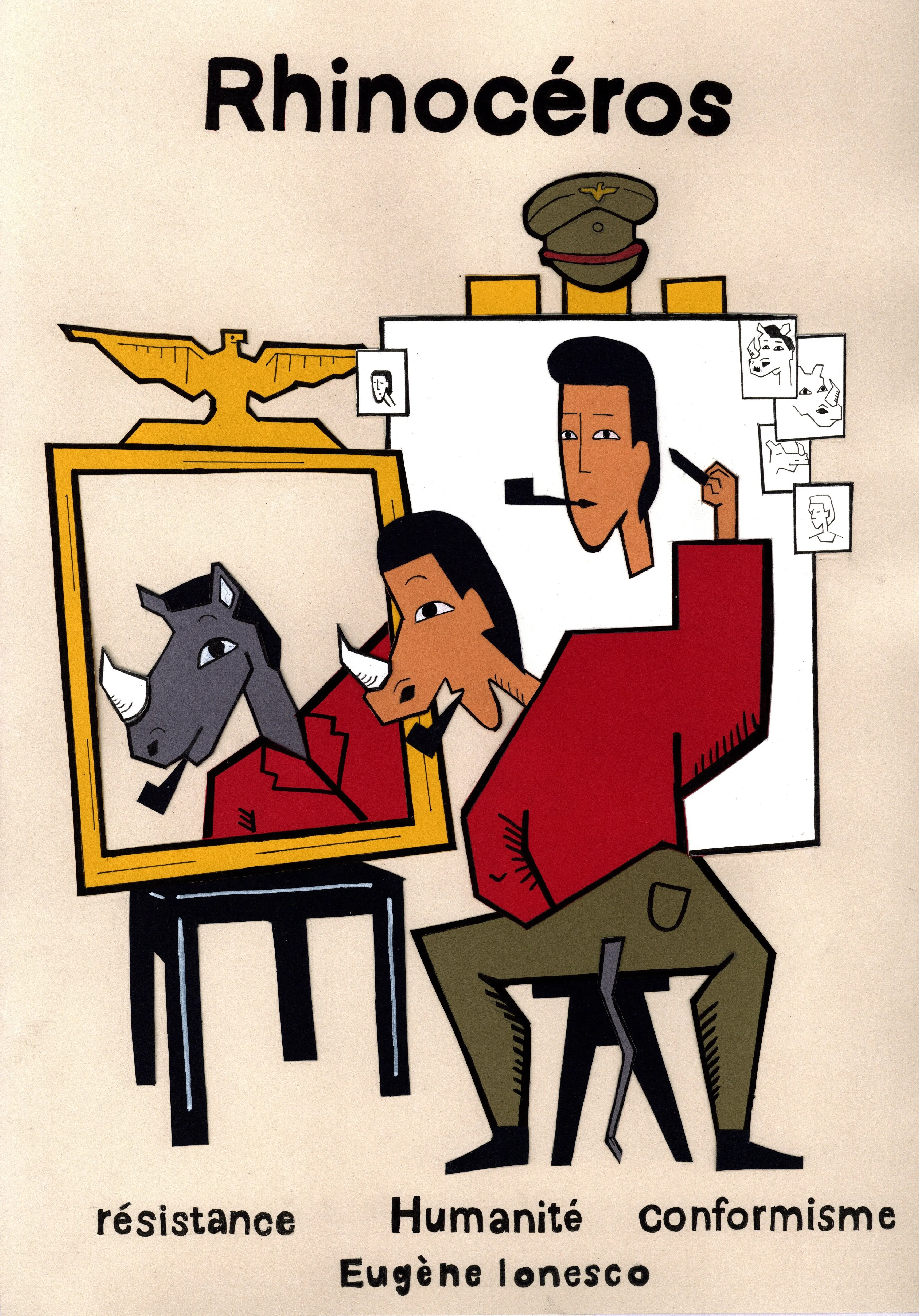 Affiche dessinée de Rhinocéros d'Eugène Ionesco