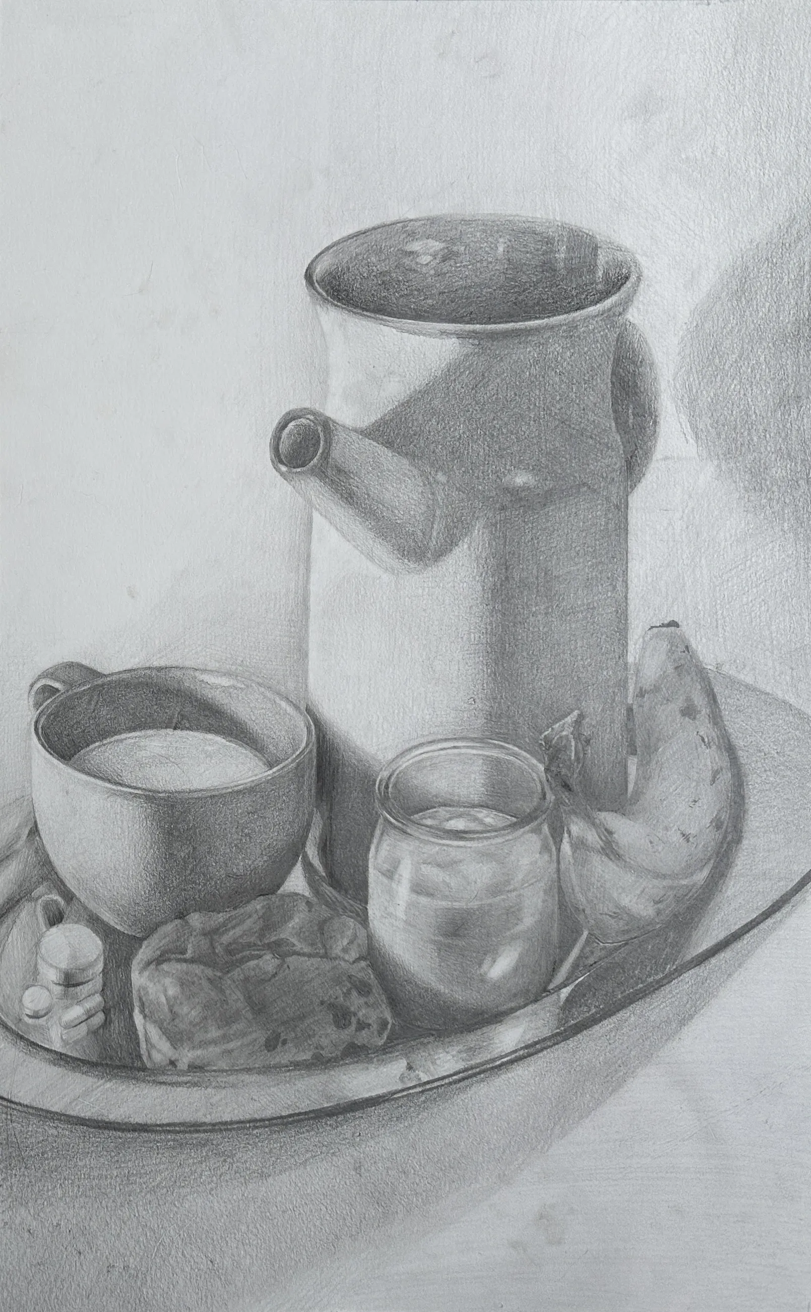 Dessin d'un plateau avec pichet, verre et nourriture